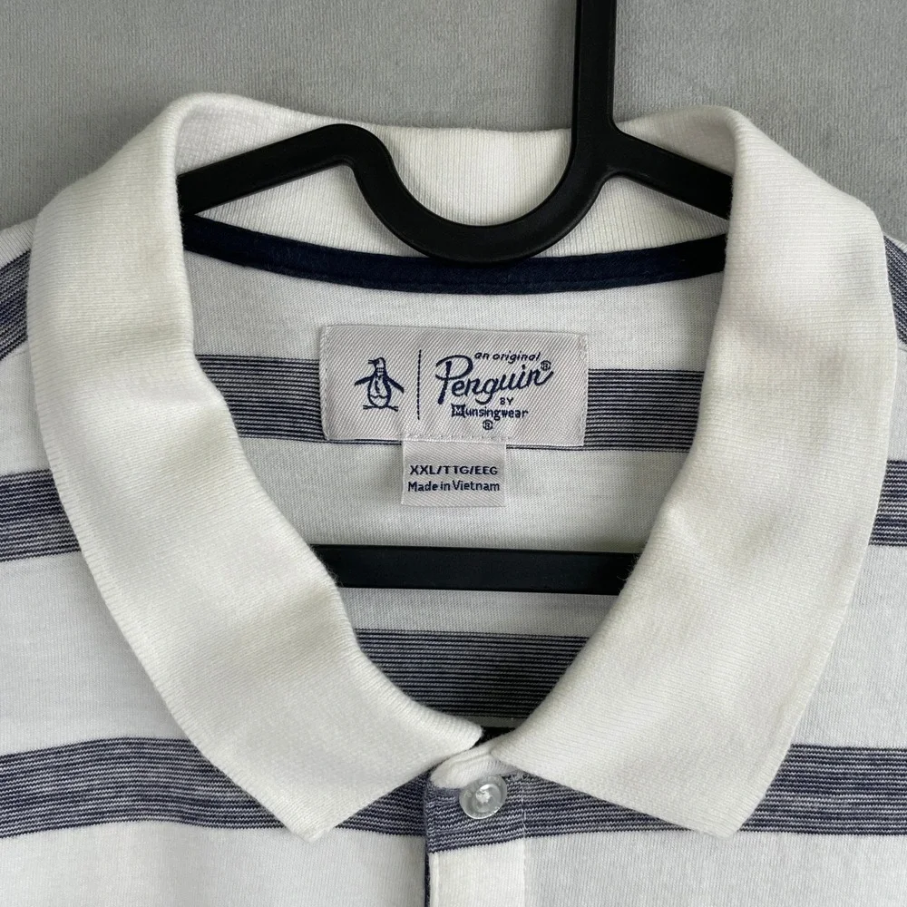 Original Penguin Mens XXL Striped Polo Shirt White Navy Blue Short Sleeve Cotton